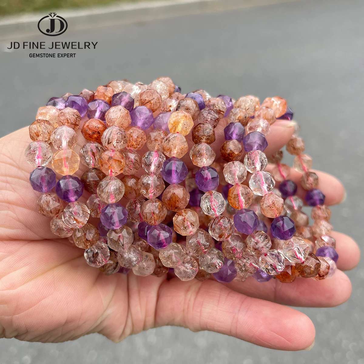 JD الحجر الطبيعي سوبر سبعة الكوارتز الأوجه حبة سوار المرأة جميلة شفاء كريستال تمتد أساور الأزواج اليد سلسلة #1