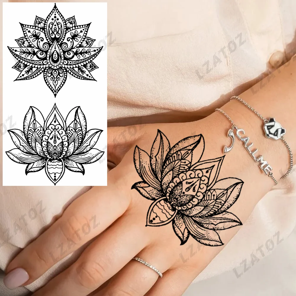 Henna Lotus Flower Temporary Tattoos For Woman Adults Realistic Mandala Pendant Fake Tattoo Sticker Hand Water Transfer Tatoos