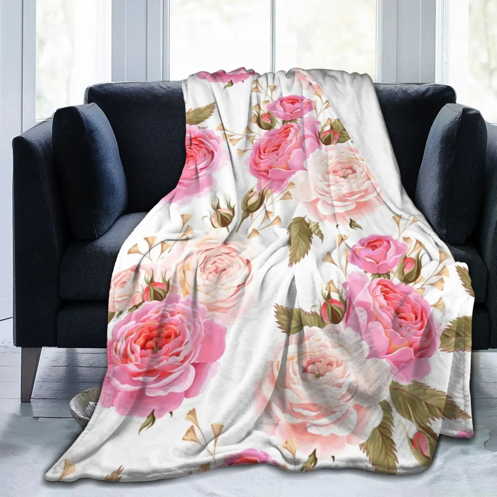 Rose Throw Blanket Pattern with Pink Leaves Branches Girly English Design Art Flannel Fleece Soft Couch Cover King Roses Bouquet