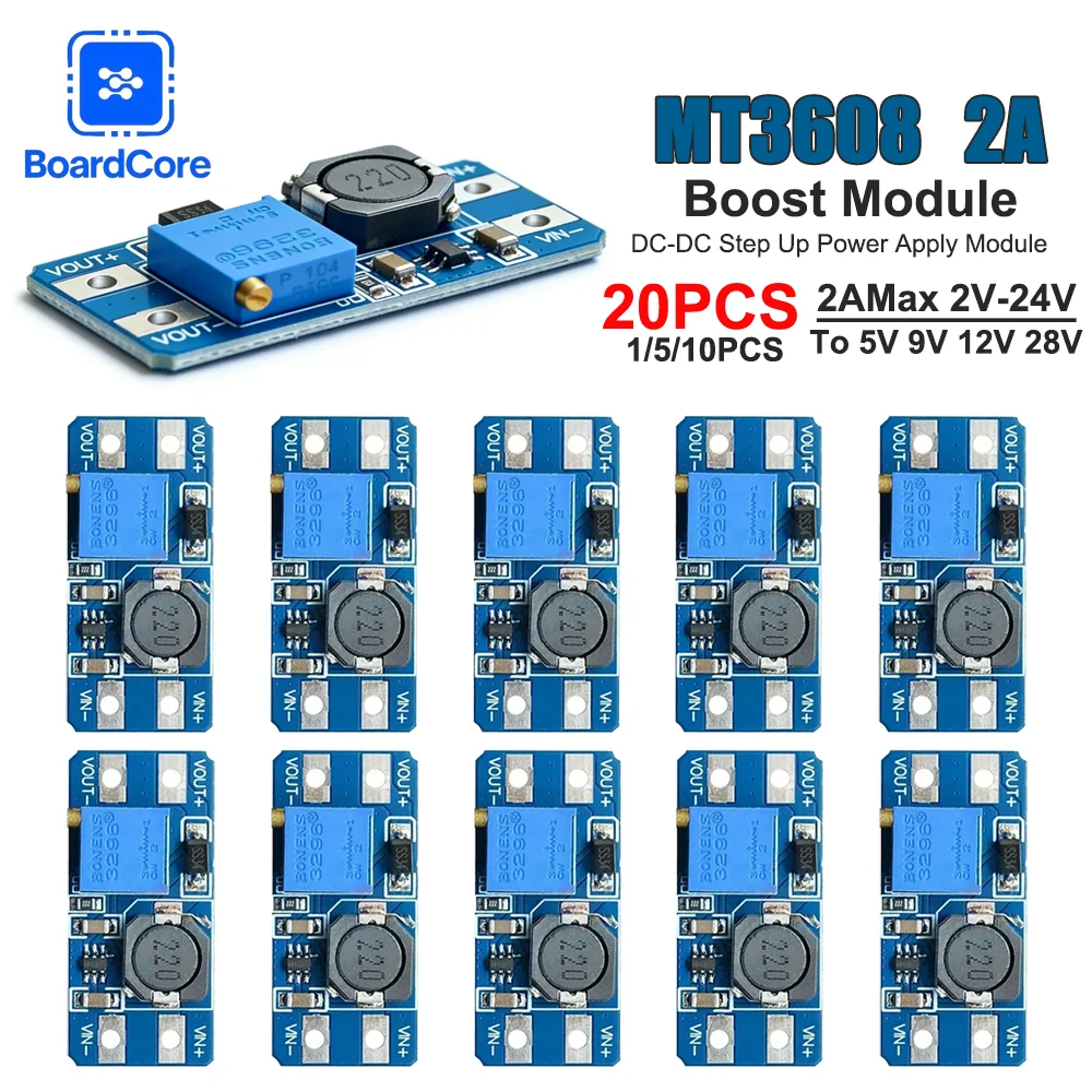 1-20PCS MT3608 DC-DC Step-Up Converter 28V 2A Max Output Booster Power Supply Module Boost Step-up Board for Arduino
