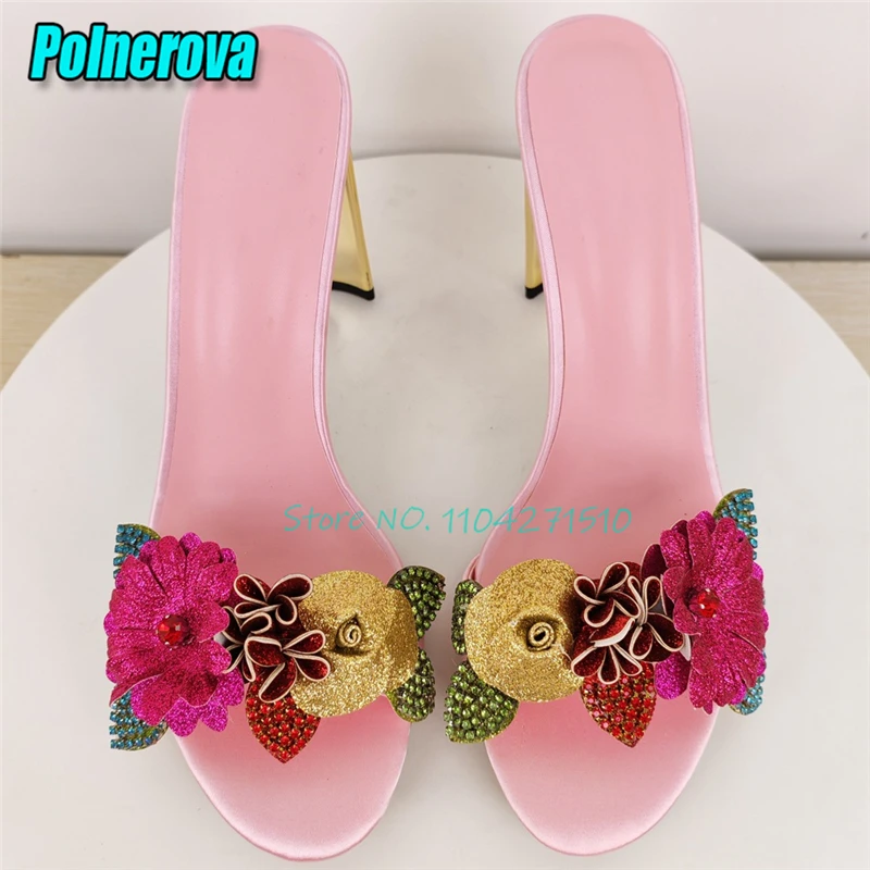 Women Pink Satin Open Toe High Heels Slippers Flower Rhinestone Decor Metallic Block Heel Sandals Elegant Lady Party Dress Shoes