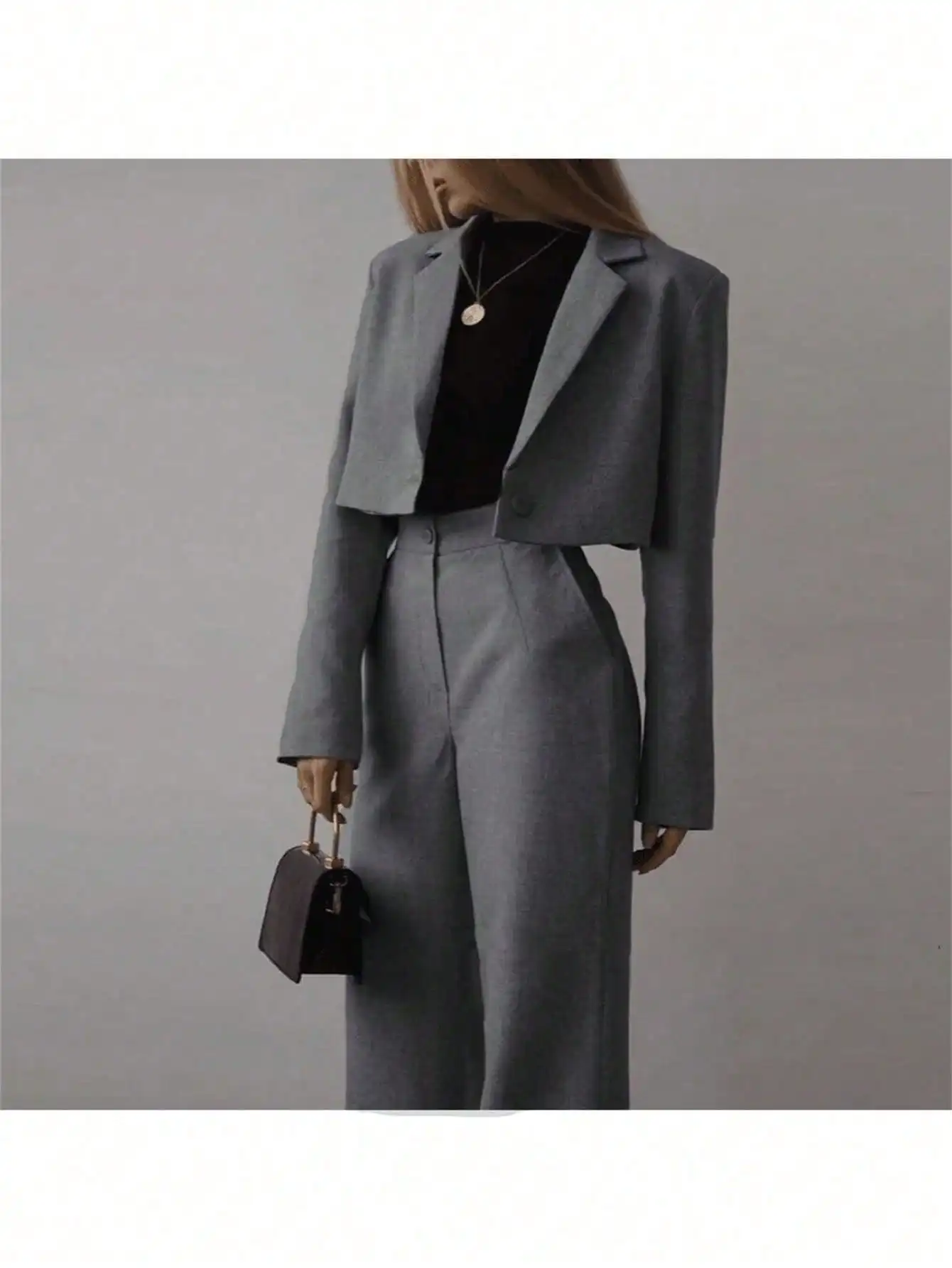 

2-Piece Solid Gray Women's Cropped Blazer & Wide-Leg Trousers Set