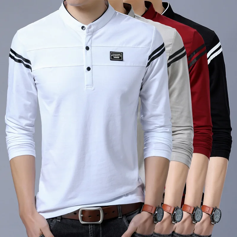 

Autumn Thickened Cotton Knitted Long Sleeve T-Shirt Men's Fashionable Stand Collar Fleece Lined Warm Base Layer Shirt Casual ...
