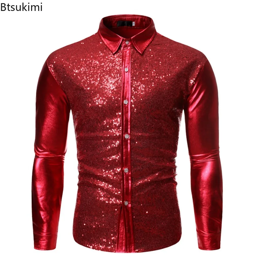 Fashion Metallic Sequins Glitter Shirts for Men 2025 New 70's Disco Party Nightclub Clothes Stage Performance Costume Shirt Male