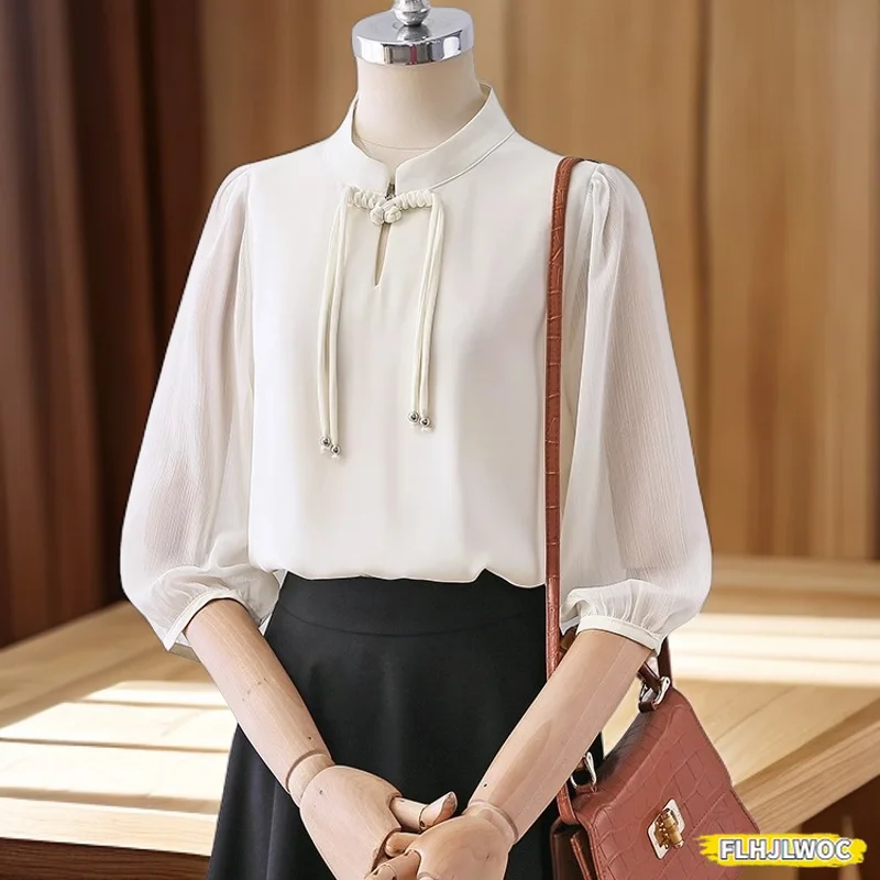 Hot Chinese Style Cheongsam Chi-pao Collar Design Button Tops 2024 Summer Women Date Girls Elegant Retro Shirt Blouse Vintage