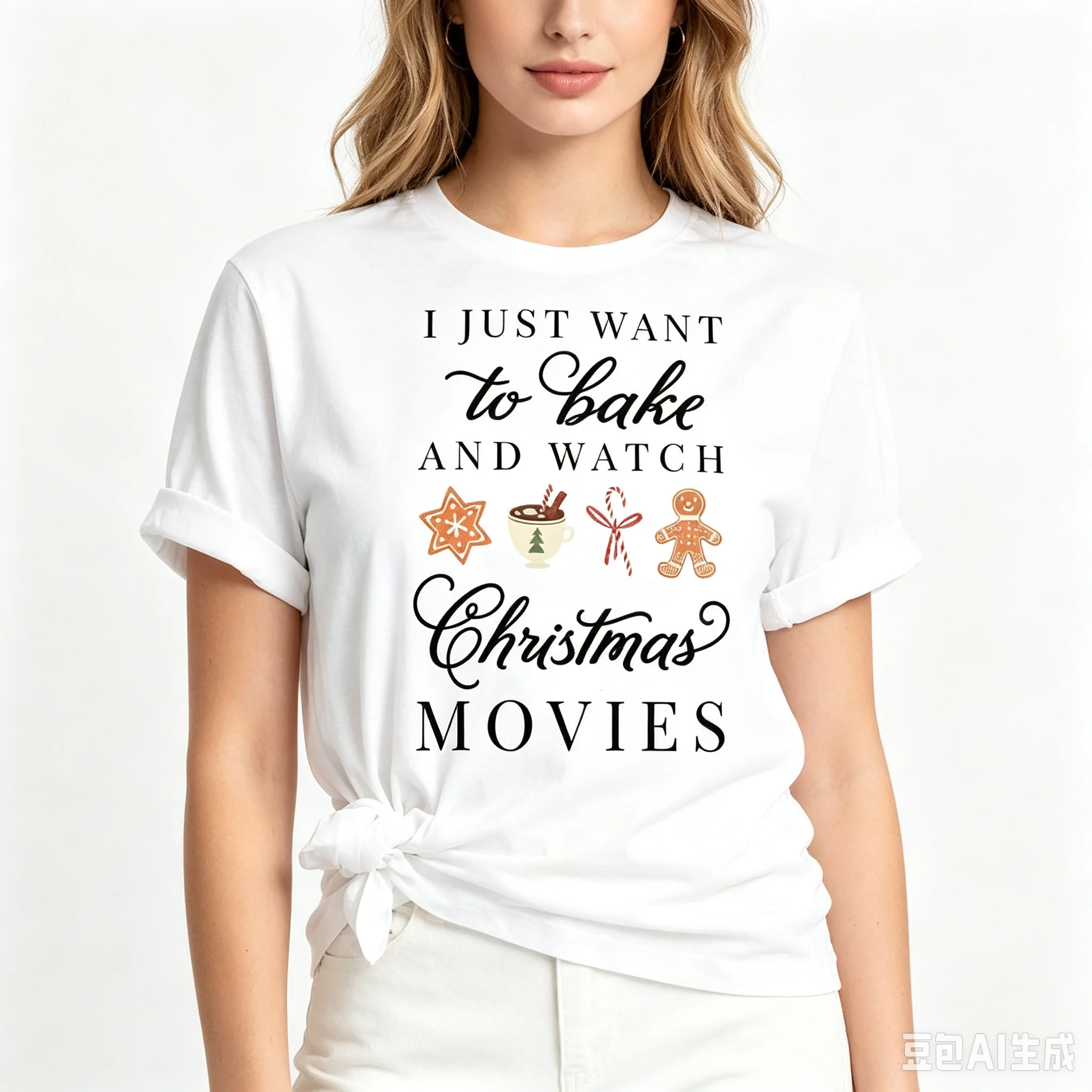 Women I Just Want To Bake And Watch Christmas Movies T-shirt Gingerbread Xmas Casual Short Sleeve Tee