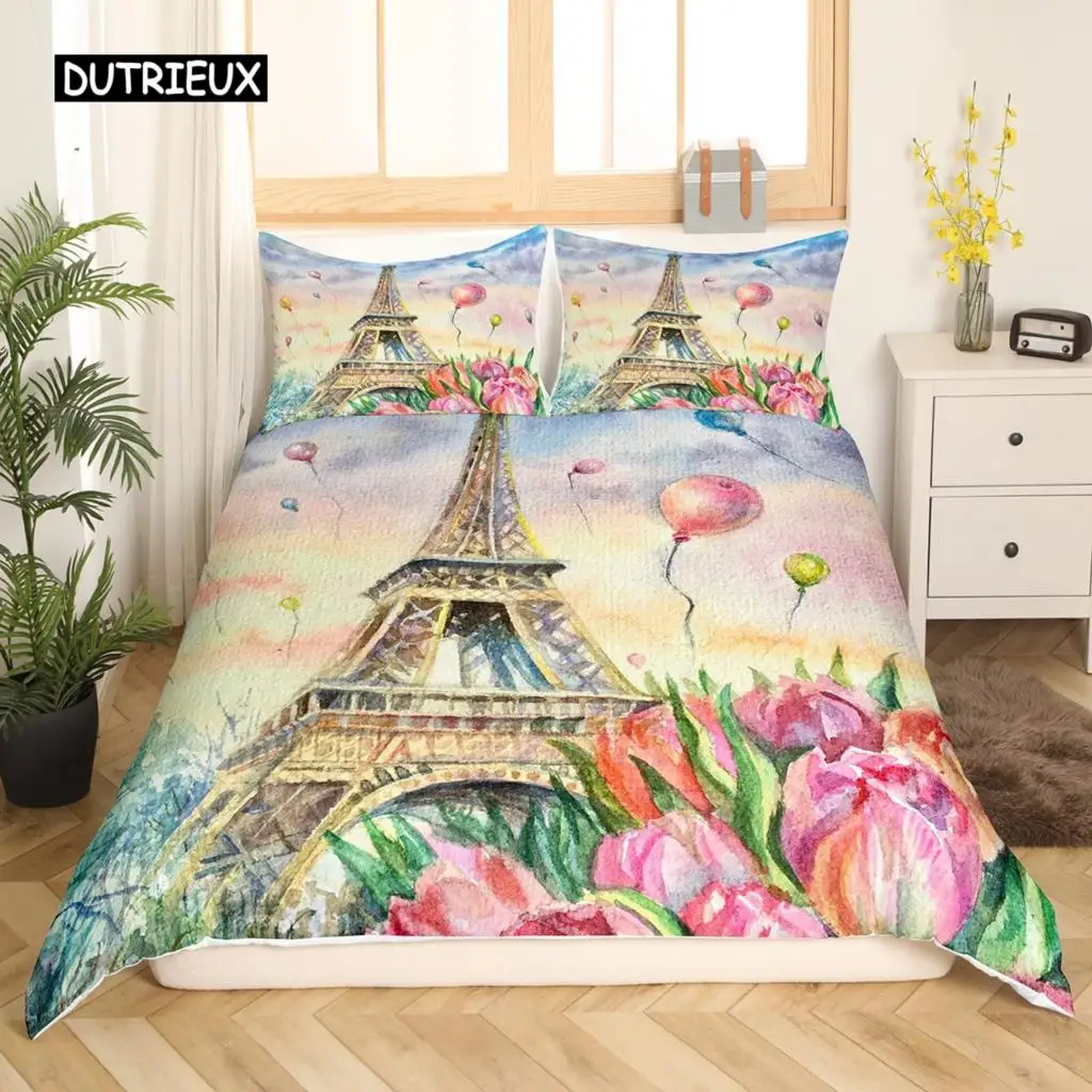 

Valentine Day King Queen Duvet Cover Paris Eiffel Tower Bedding Set Pink Watercolor Tulips Flowers Balloon Polyester Quilt Cover