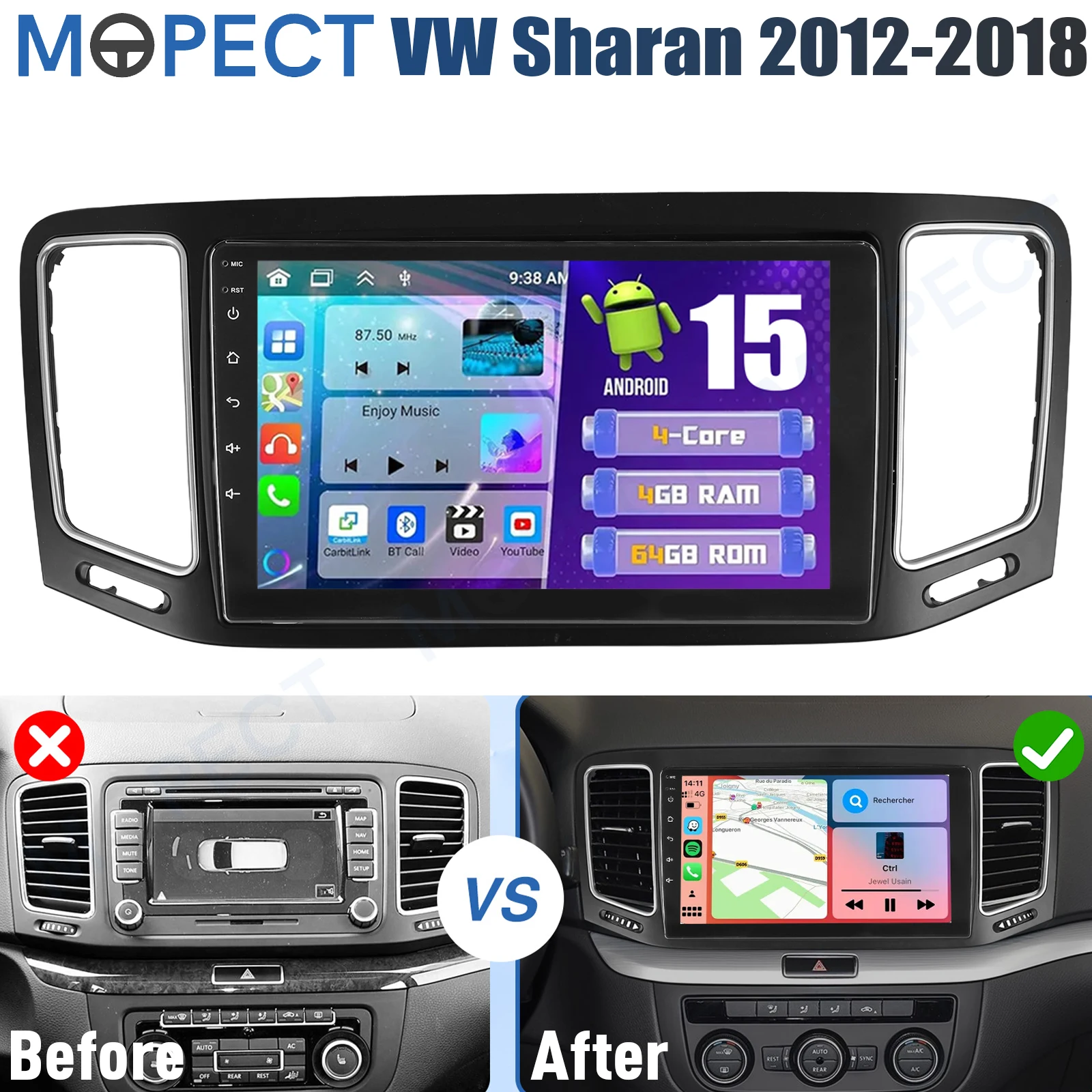 MOPECT 4+64GB Android 15 Car Stereo Radio CarPlay For VW Sharan 7N