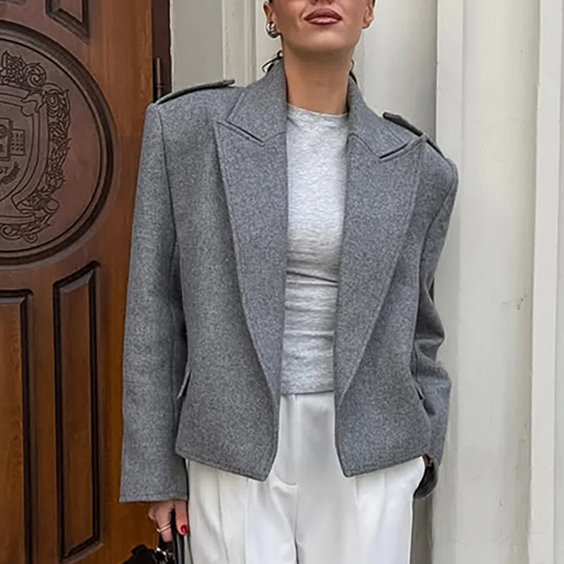 

European And American Autumn And Winter Solid Color Wool Suit Women Street Fashion Long Sleeve Lapel Casual Style Short Jacket