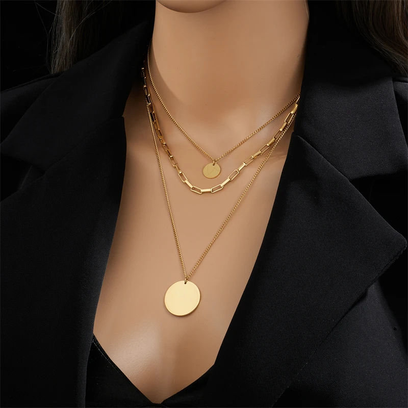 A fashionable and individual stacked style alloy geometric round plate gold chain adjustable multi-layer women's necklace image 3