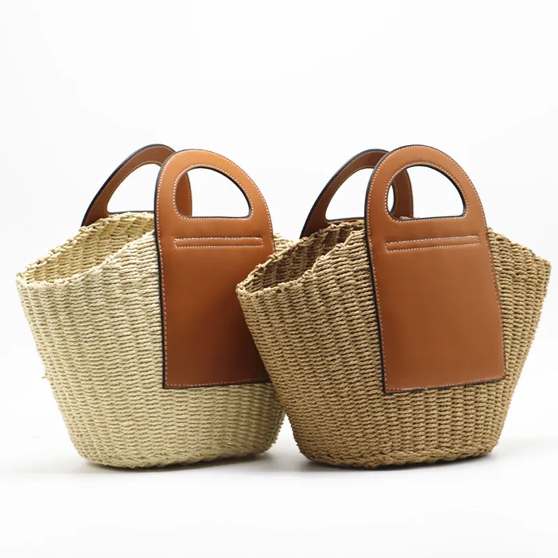 Meet You 2024 Summer Large Capacity Straw Handbag  Hand Woven Paper Rope Patchwork Pu Leather Tote Bag Designer Casual Beach Bag