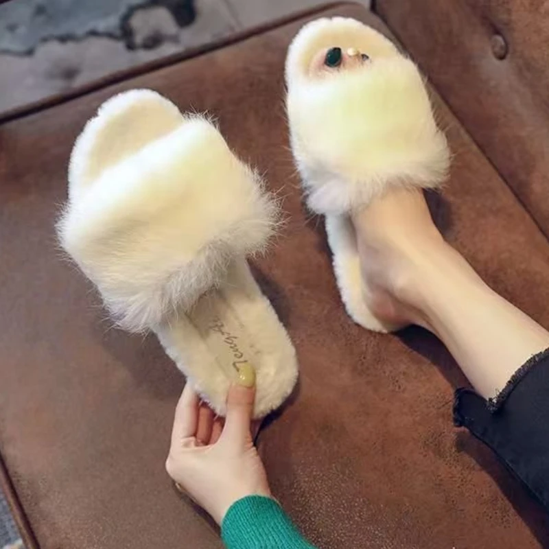 Women Autumn Winter Casual Fur Slippers Flat Non-slip Solid Real Fox Slides Fluffy Ladies Shoes Woman