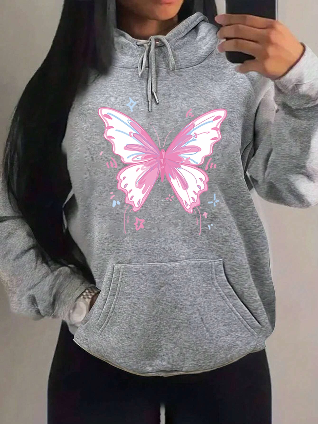 

Beautiful Pink Butterfly Illustration Print Women Y2K Top Hip Hop Loose Hoodies Creativity Autumn Hoodie Casual Multicolor Hoody