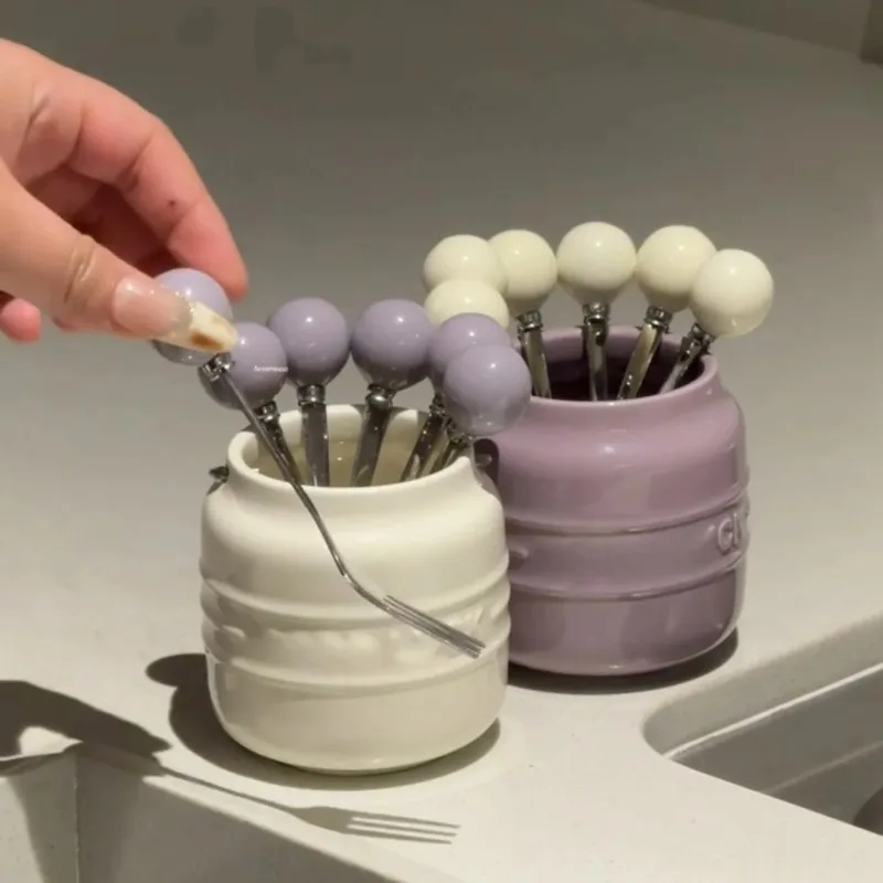 6PCS Ceramic Storage Jar And 304 Stainless Steel Fruit Fork In Various Colors Dessert Fruit Fork Household Reusable Tableware