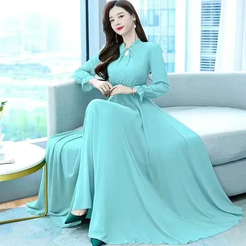 Solid Chiffon Long Sleeve Dress Women Evening Party Maxi Dresses 2024 New Spring Autumn Elegant Ladies Bohemian Beach Dress 4XL