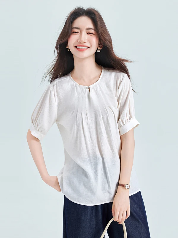 Elegant Pure Color round Neck Short Sleeve Shirt Commute Style Women's Fashion Top High End Hong Kong Style Business Shirt