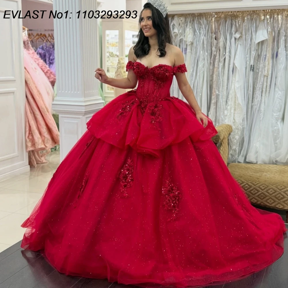 

EVLAST индивидуальное блестящее красное платье Quinceanera 2026 бальное платье с кружевной аппликацией и бисером корсет Sweet 16, Vestidos De 15 Anos E1QN441