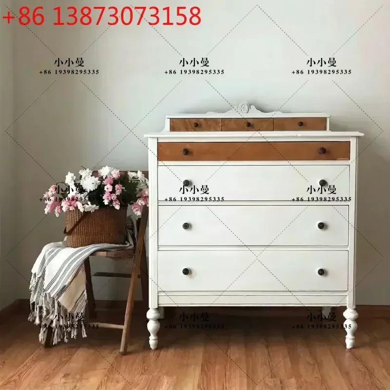 American solid wood small apartment living room bedroom retro contrasting color bedside decorative cabinet