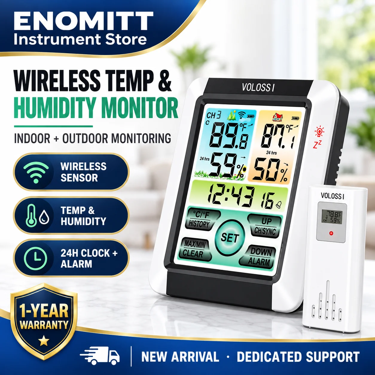 Wireless Indoor Outdoor Weather Station Digital Thermometer Hygrometer, 433MHz Remote Sensor 328ft Range, Color LCD Max/Min
