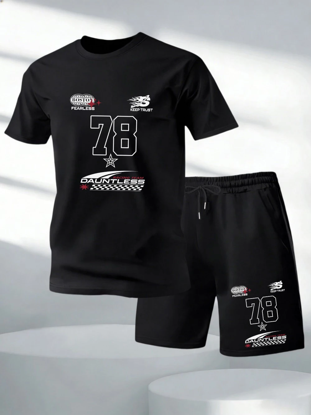 

Two Pieces Set Number 78 Dauntless Jersey Print Cotton T-Shirts Pants Mens O-Neck Oversized Soft Tops High Waisted Pocket Shorts