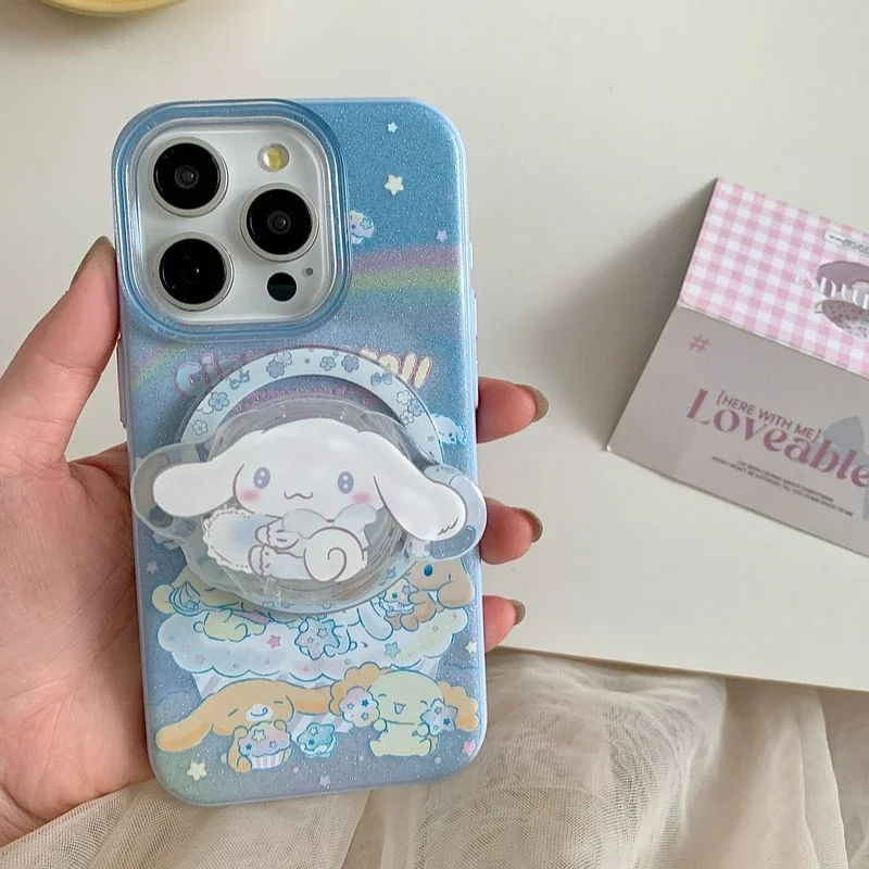 Cute Cartoon Sanrio Cinnamoroll Glitter Magnetic Holder Magsafe Wireless Charge Phone Case For iPhone 16 15 14 13 Pro Max Cover