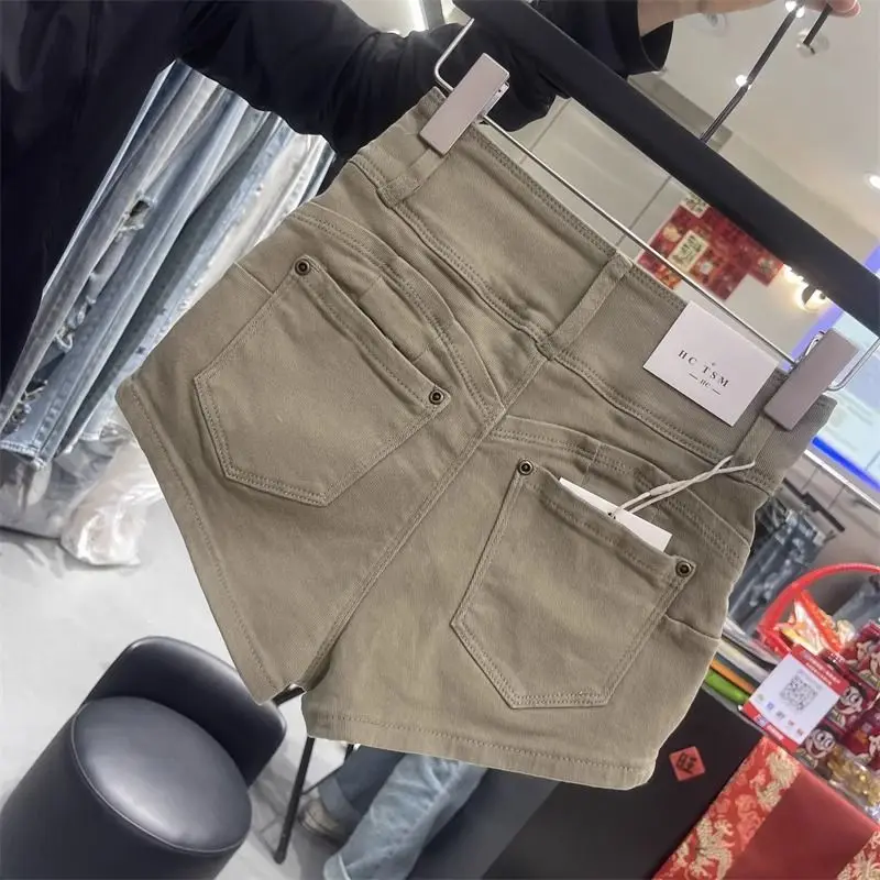 Pantalones cortos Y2k de color caqui ajustados de cintura alta para mujer, novedad de 2025, pantalones cortos Retro con palabra A y cadera