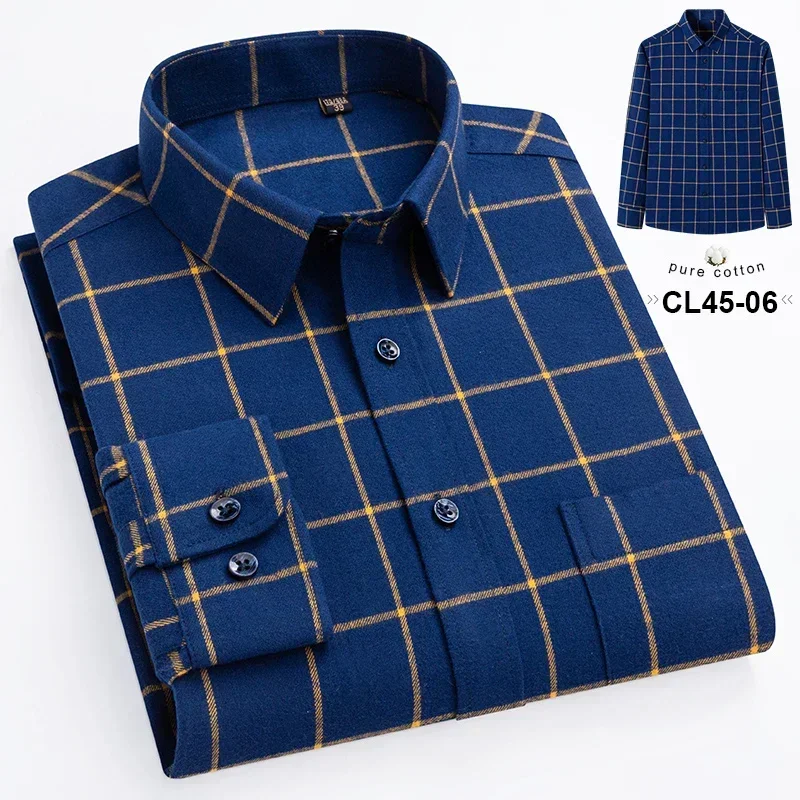 Plus Size 100% Cotton  Long Sleeve  Shirts for Men Casual Slim Fit Plain Shirt Striped Plaid Tops Designer Pocket Soft Clothes
