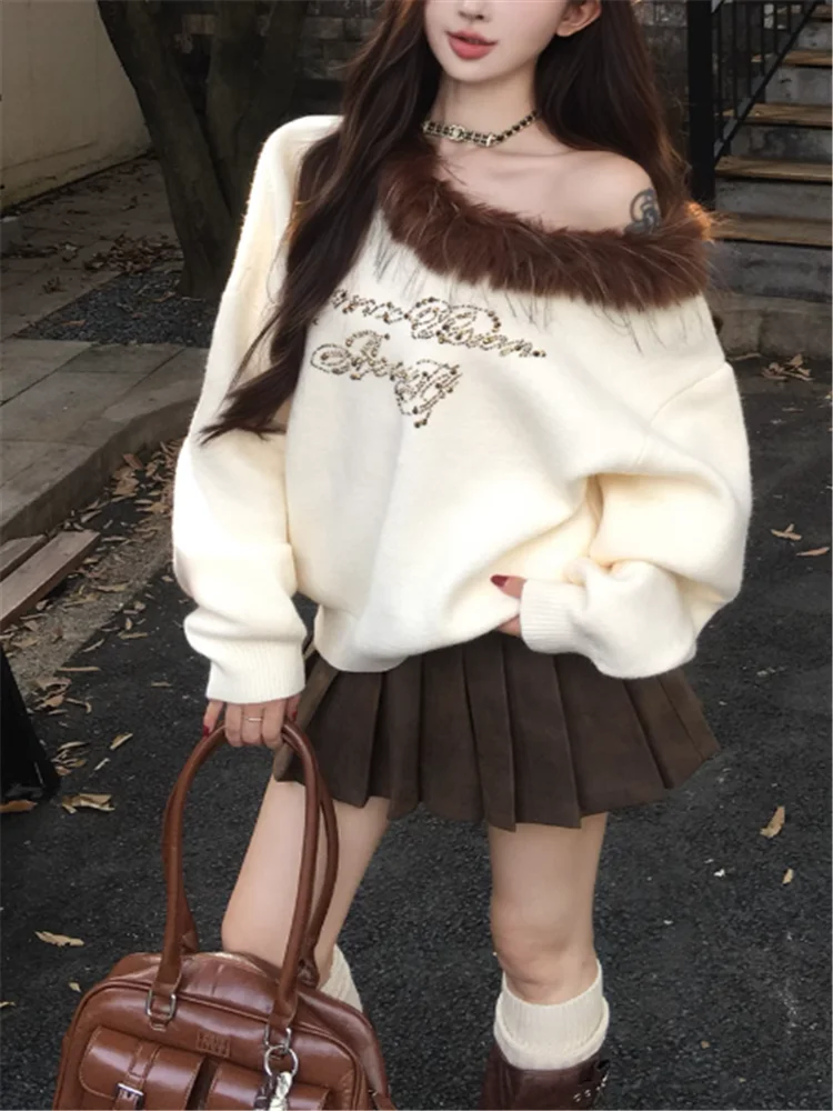 

Fall Winter Women 2 Piece Sets Fur Patchwork Off Shoulder Loose Sweater&Pleated Mini Skirt Spicy Girl Matching 2pc Dress Suits