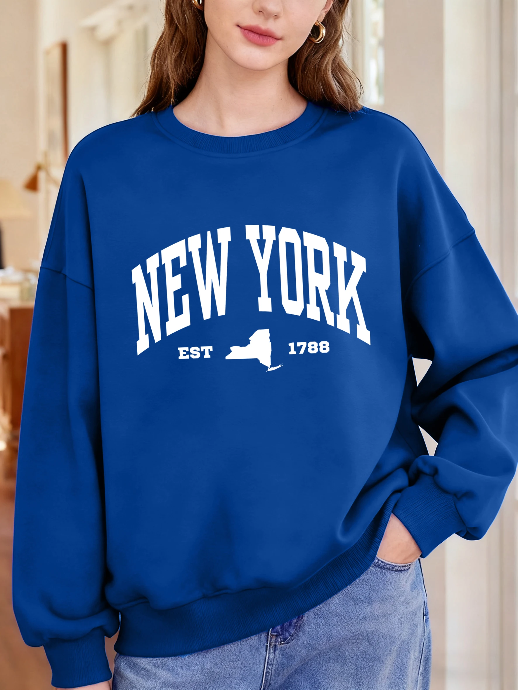 เสื้อสเวตเชิ้ตผู้หญิงพิมพ์ลายตัวอักษร New York Est 1788 แฟชั่นคอกลมสวมหัว สไตล์ลำลอง โอเวอร์ไซส์ สตรีทแวร์ ฤดูใบไม้ร่วง Y2K เสื้อผ้าผู้หญิง