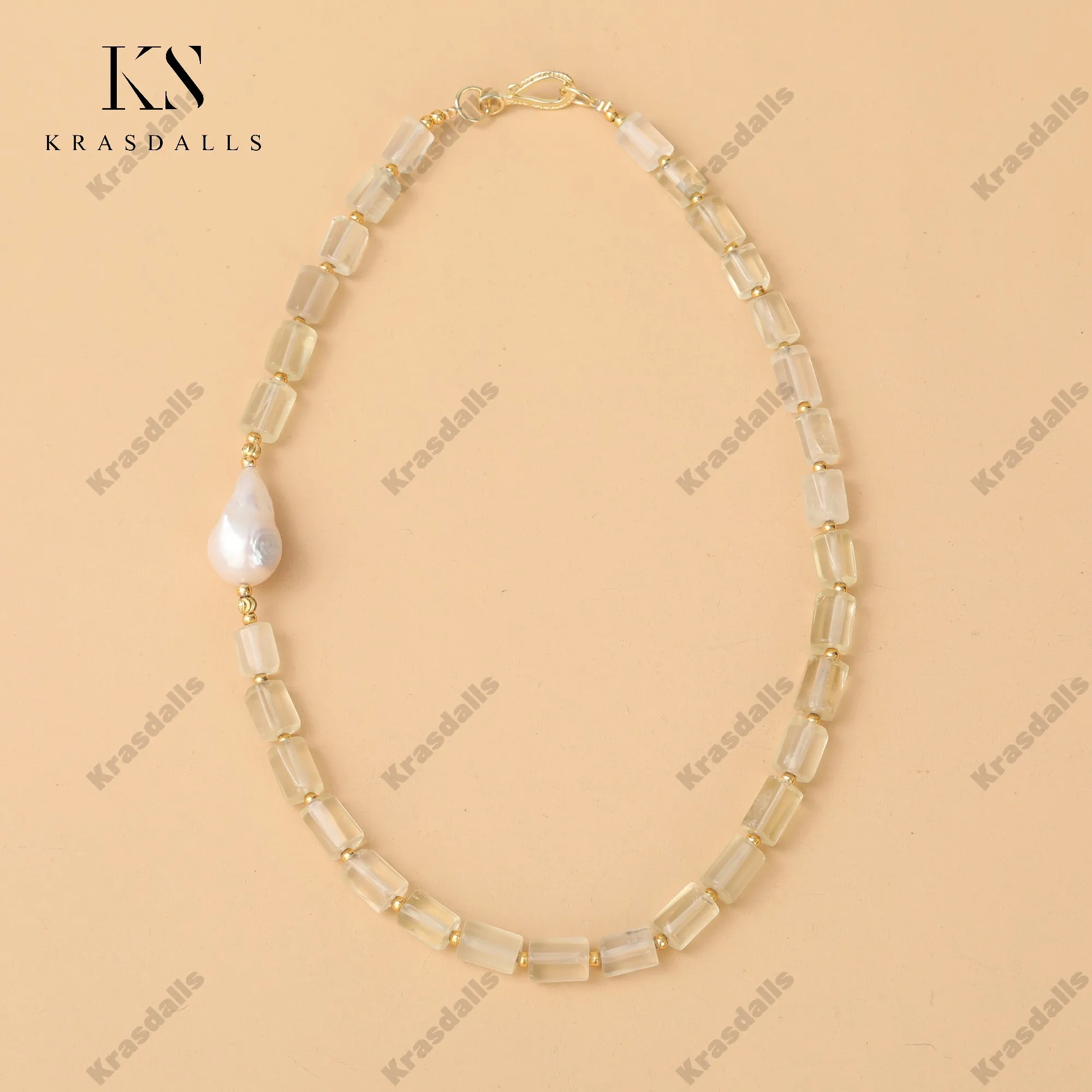 18-Inch Natural Lemon Jade Pearl Necklace Copper Gold Beads Romantic Link Chain Brass Gold Women's Romantic Party