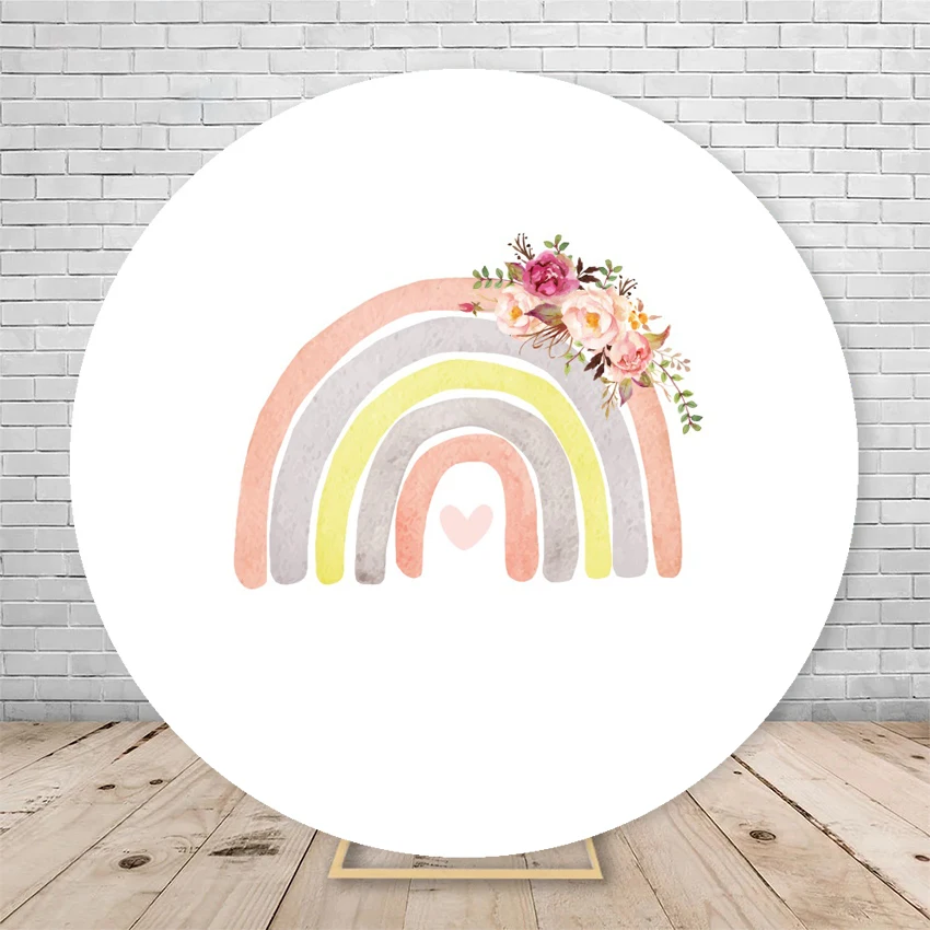 Boho Rainbow Baby Shower Round Backdrop Cover Blue Sky Clouds Boy Girl 1st Birthday Party Circle Photography Background Props