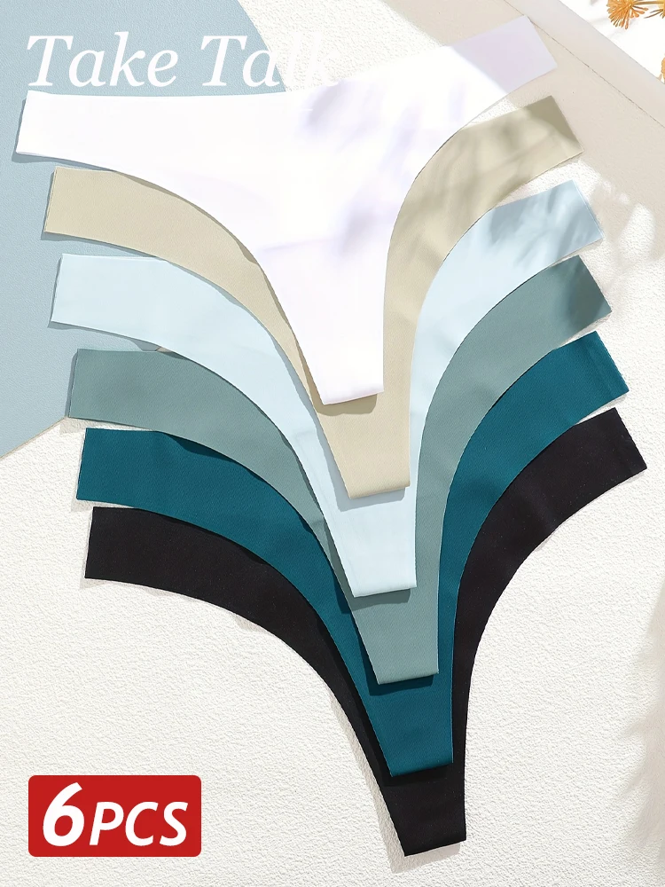 6PCS Ice Silk Seamless Thongs Panties for Women Sexy V-Waist G-String Bikini Female Soft Breathable Underwear Ladies Lingerie