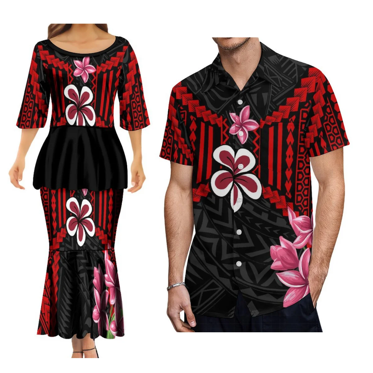 

Custom 2024 Puletasi Top And Long Skirt Suit Women'S Fishtail Dress With Men'S Aloha Shirt Polynesian Design Pattern