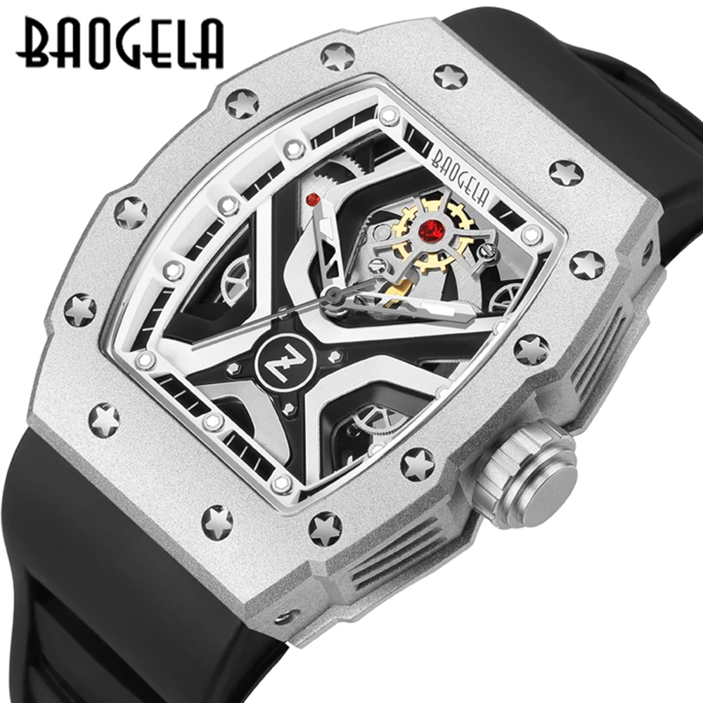 BAOGELA Top Brand Luxury Mens Watches Sport Stainless Steel Tonneau Dial Military Sport Wristwatch Silicone Strap Dropship 4143