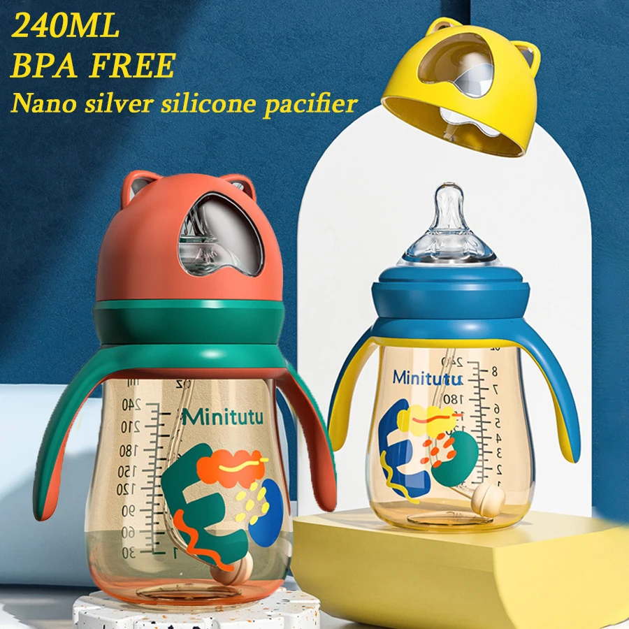 240ML Nano Silver Wide Bore PP Milk Bottle, Safe and Non toxic, Lightweight and Anti Drop, BPA Free, with Gravity Ball