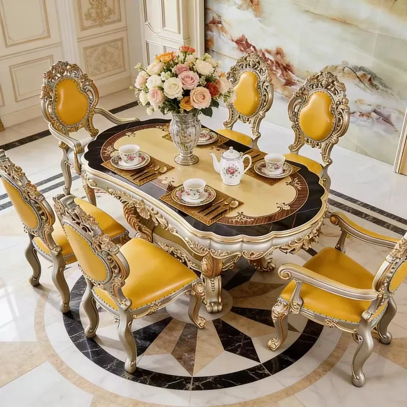 #Traditional Antique Solid Wood Oval Dining Table & Chairs Set 6 Seater Durable Dining Room Furniture