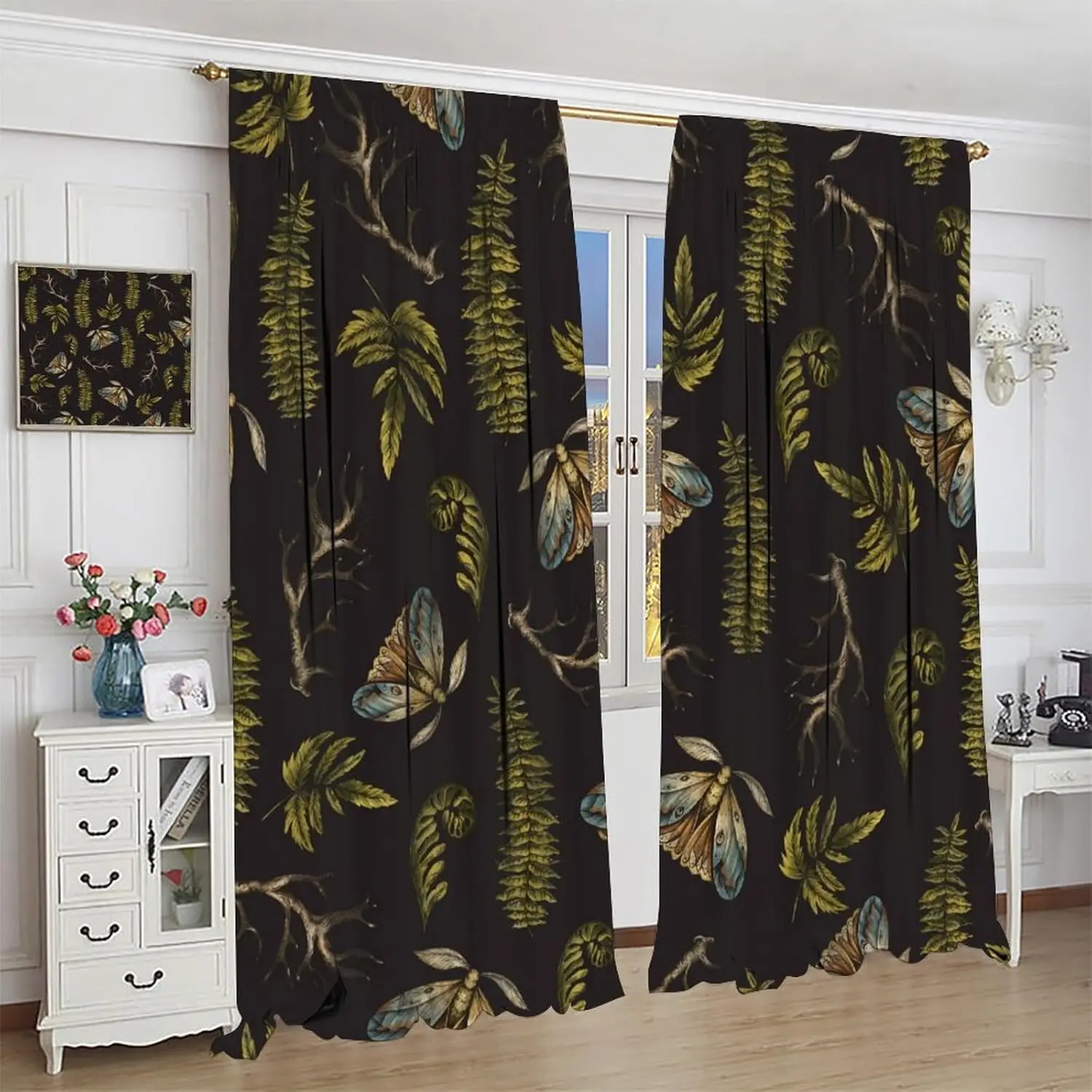 Vintage Moth and Fern Curtains, Mystical Woodland Texture Forest Plant Boho Style Rod Sleeves Window Drapes for Living Room