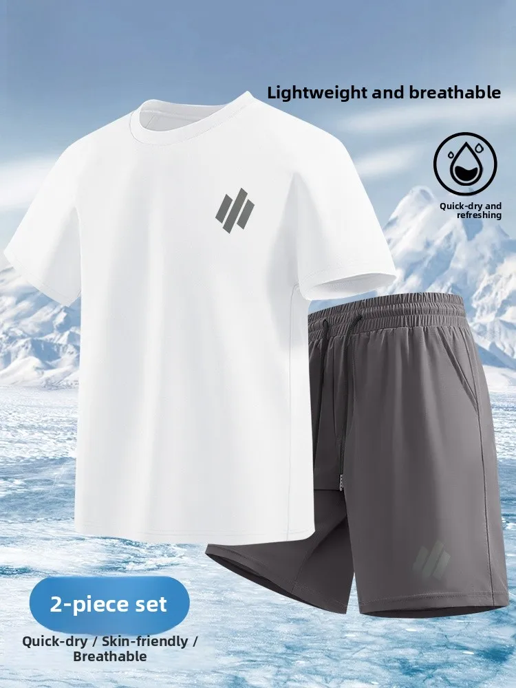 

Мужской летний спортивный комплект Jeanswest: тонкие брюки и шорты из ледяного шелка с быстрым высыханием, модный молодежный спортивный костюм из полиэстера