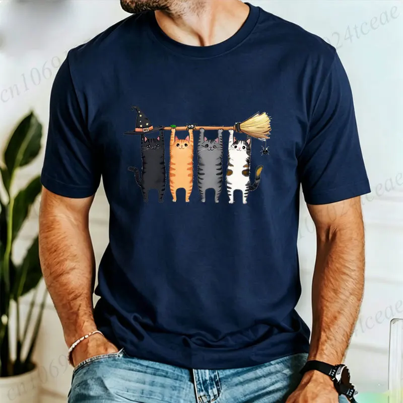 Men's Cute Cat Hang on Witch Broom T Shirt Halloween Funny Kitten Graphic Tee Casual Short Sleeve Tshirt Holiday Party Gift Tops
