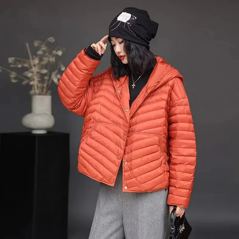 Women White Duck Down Jacket Ultra Light Batwing Sleeve Hooded Puffer Jacket Single-breasted Loose Casual Autumn Winter Outwear