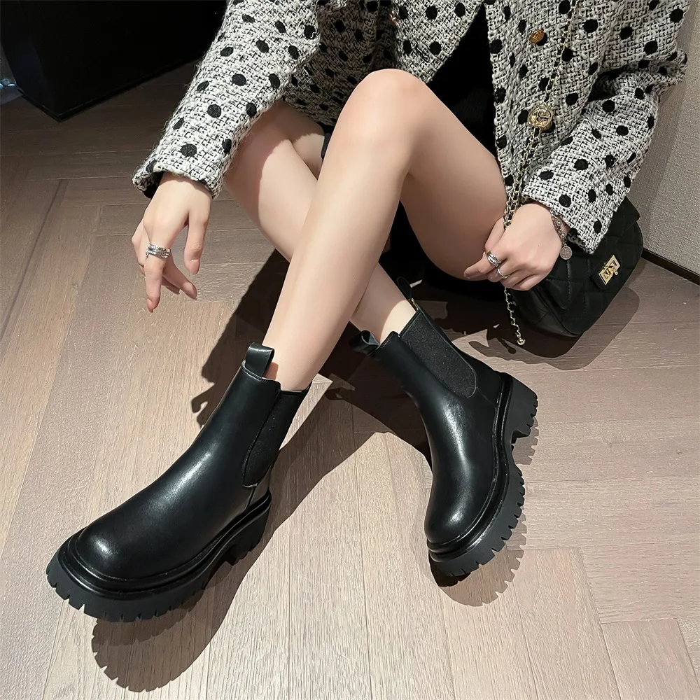 Taoffen Fashion Chelsea Boots For Women Genuine Cow Leather Sewing Ladies Work Shoes Street Style Winter Non-slip Ankle Boots