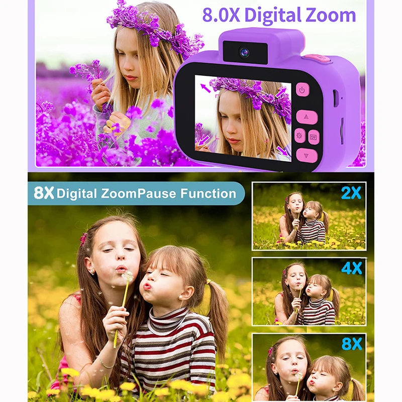 كاميرا رقمية مزدوجة للأطفال ، عالية الدقة P ، تقريب رقمي 8 × ، ضوء فلاش ، ألعاب فيديو مدمجة ، شاشة ملونة صغيرة ، هدية عيد ميلاد