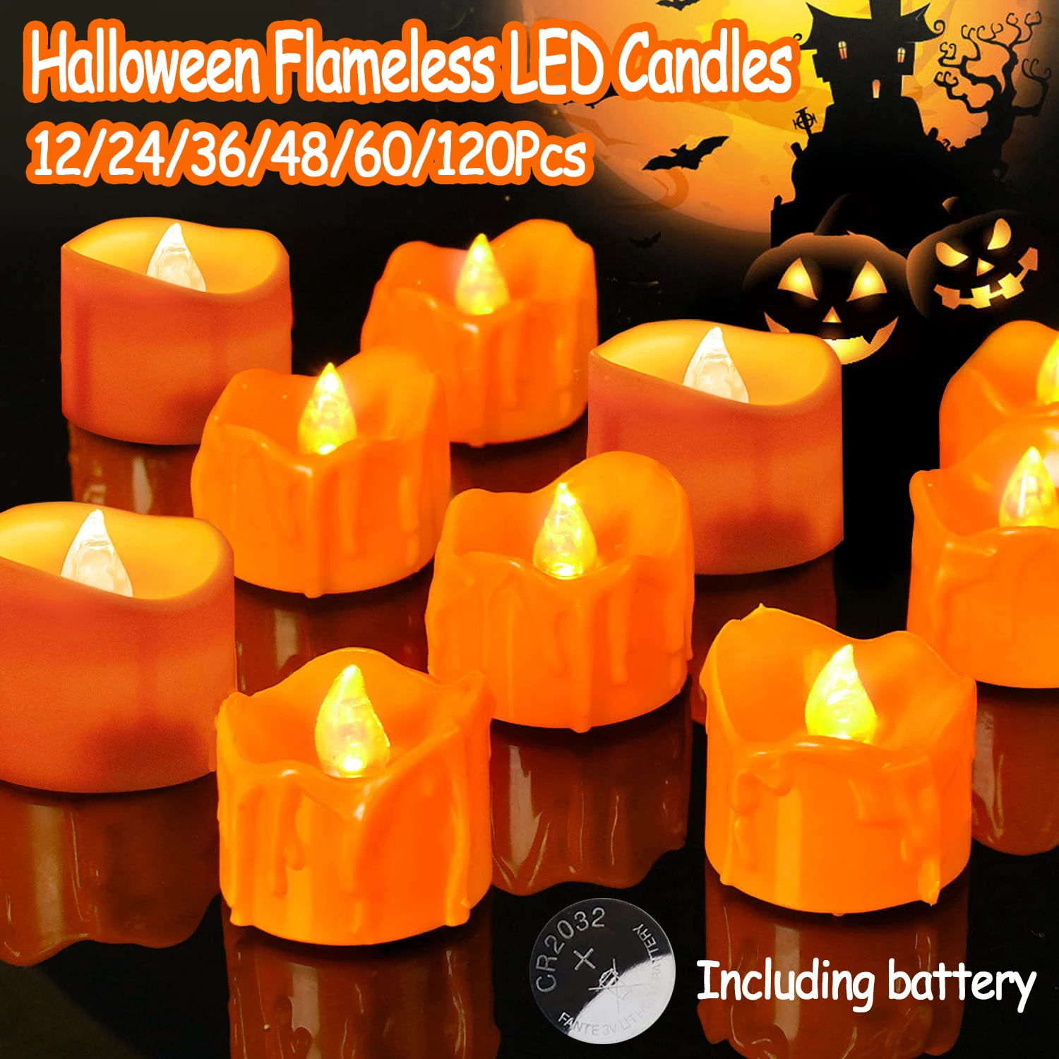 12-120Pcs Halloween Flameless LED Candles Orange Tea Light Candles Battery Powered for Fall Birthday Party Wedding Home Decor