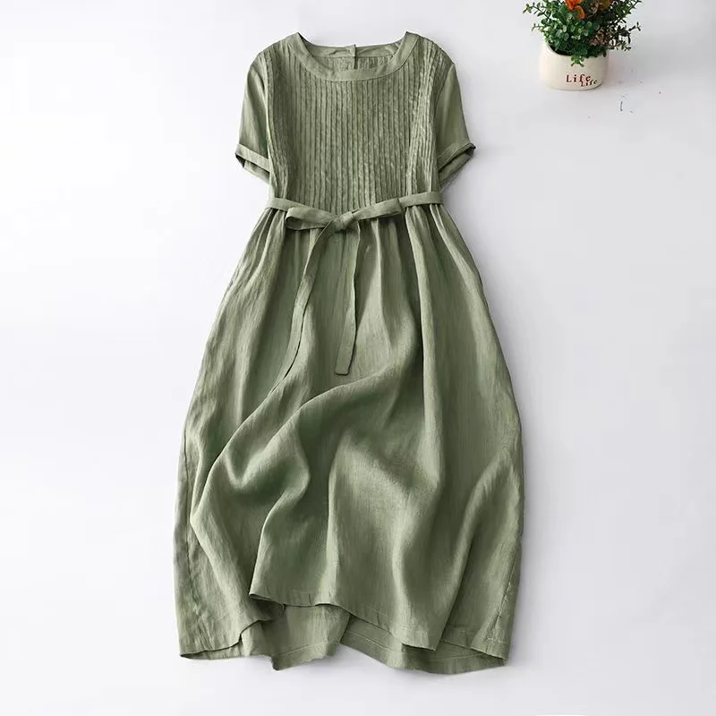 

Elegant Vintage Organ Pleats Short Dress 2024 New Summer Lace-up Solid Midi Party Dresses Literary Holiday Beach Sundress