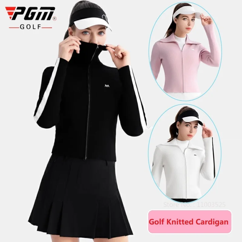 Pgm Golf Women Cardigan Korean Warm Knitted Sports Sweater Ladies Winter Autumn Leisure Zipper Golf Jacket Long Sleeve Slim Coat