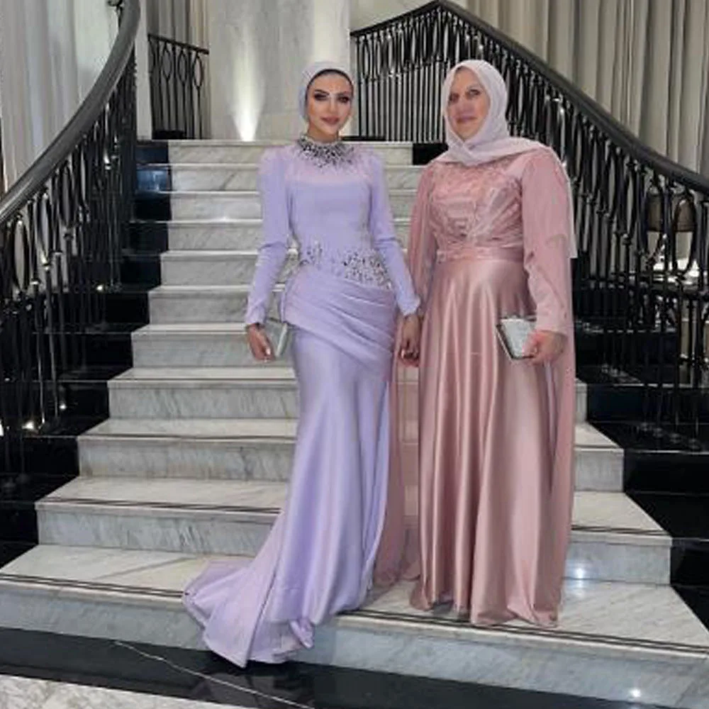 فستان سهرة كريستال Abiye مخصص للنساء مطوي من الساتان حورية البحر الحجاب فستان رسمي من الساتان فستان رسمي للنساء الإسلاميات