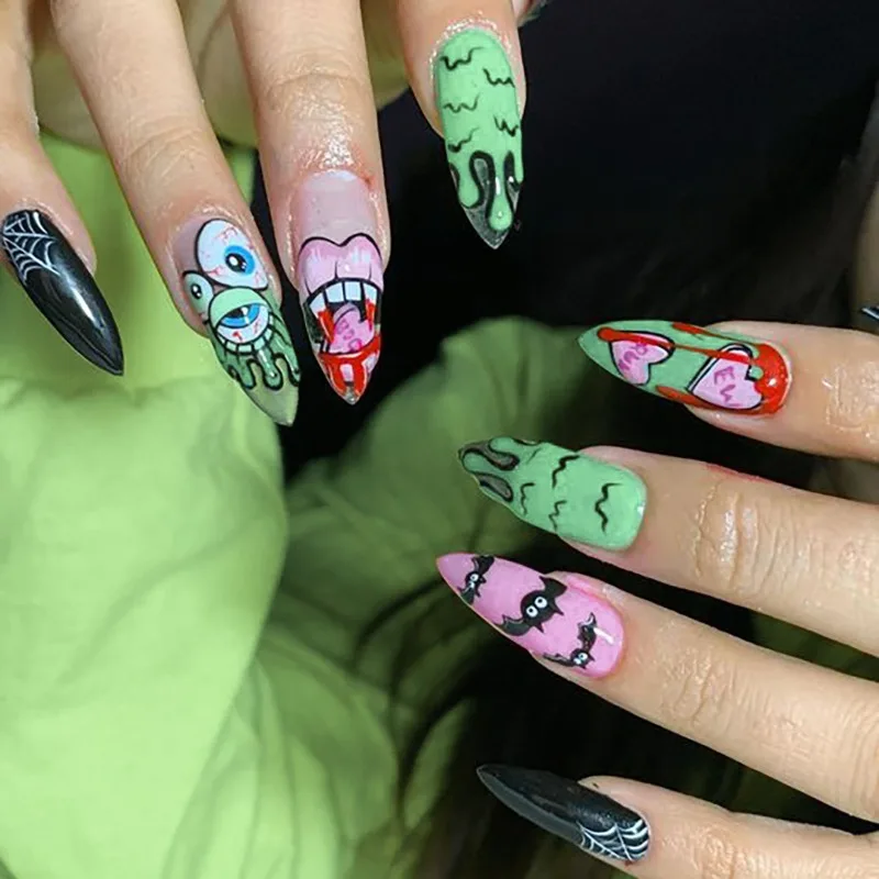 Halloween Medium Long Pointed Graffiti Style Black Spider Bat Ghost Fake Nails Green Monster Heart Teeth Fake Nails Female Party