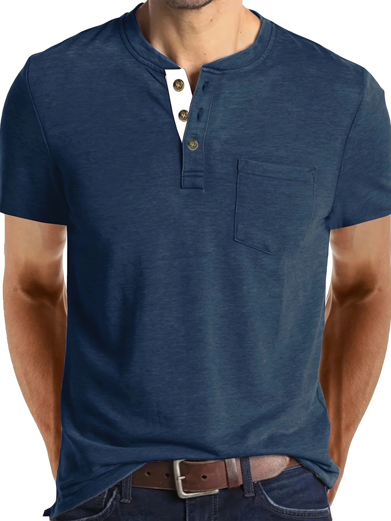 Sommer Übergrößen Herren Rundhals Kurzarm T-Shirt Lässiges Sommer-Urlaubs-Henley-Shirt mit Tasche
