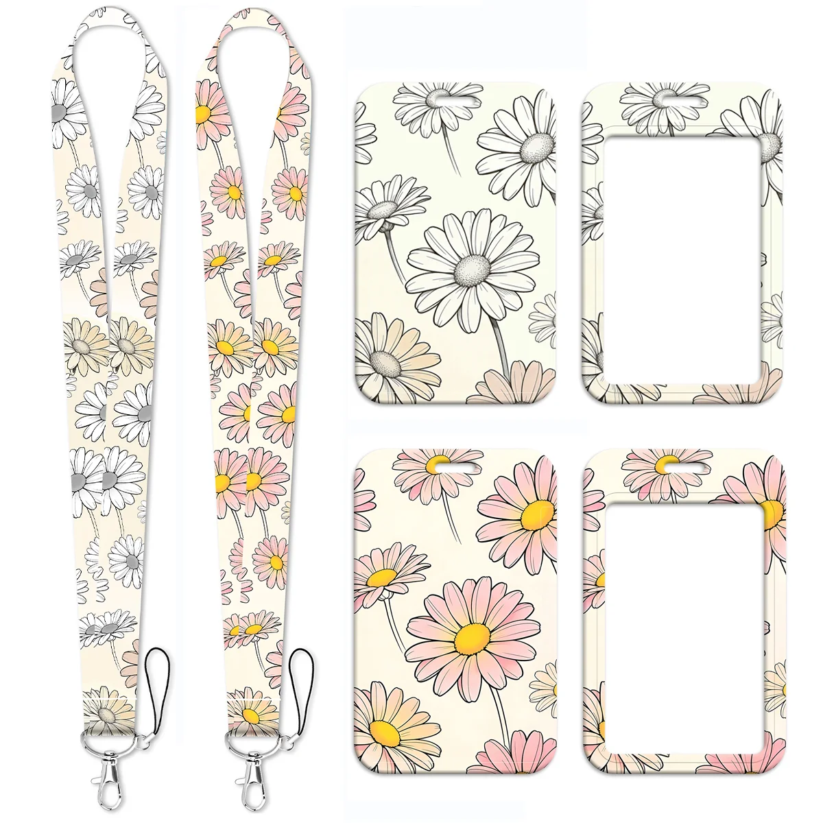 Vintage Daisy Flower Print Lanyard Neck Strap Keychain Card Cover Badge Holder Mobile Phone Hang Rope Keyring Accessories Gifts