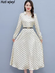 2024 Spring Autumn Casual White Polka Dot Acetate Satin Midi Robe Women Elegant Bodycon Office Lady Shirt Party Evening Vestidos